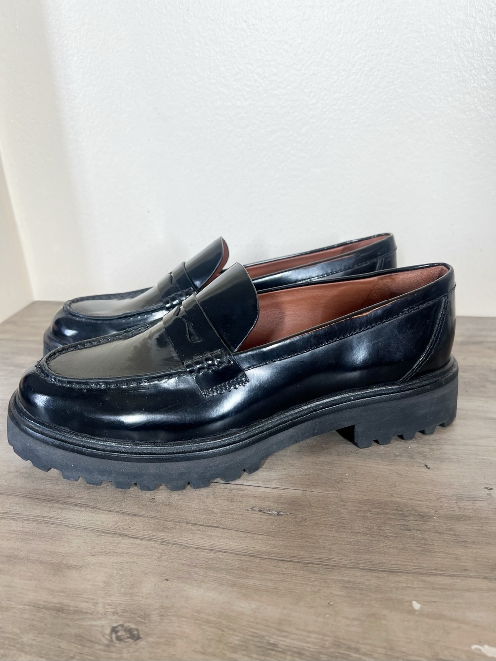 Reformation Womens Agathea Chunky Black Leather Lug-Sole Penny Loafers Size 9